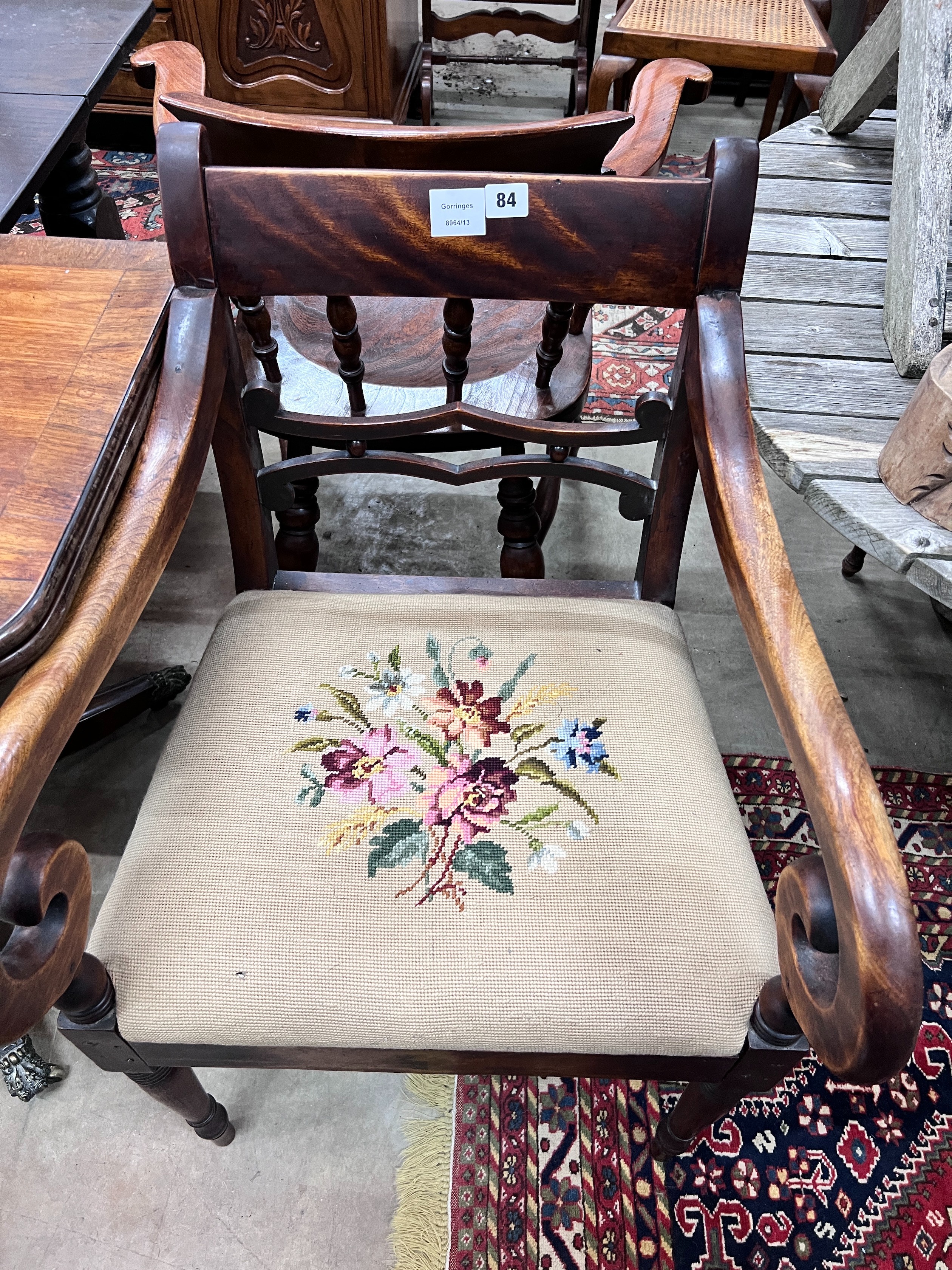 A Regency mahogany provincial elbow chair, a pair of George III mahogany dining chairs and one other *Please note the sale commences at 9am.